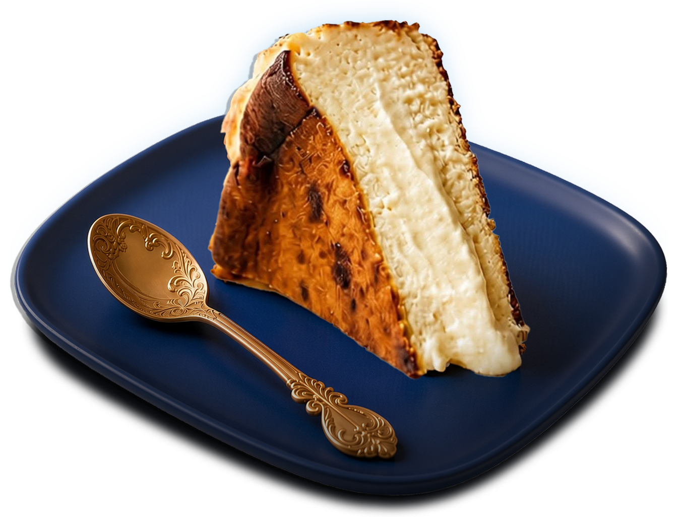 Slice of burnt Basque cheesecake on a navy plate